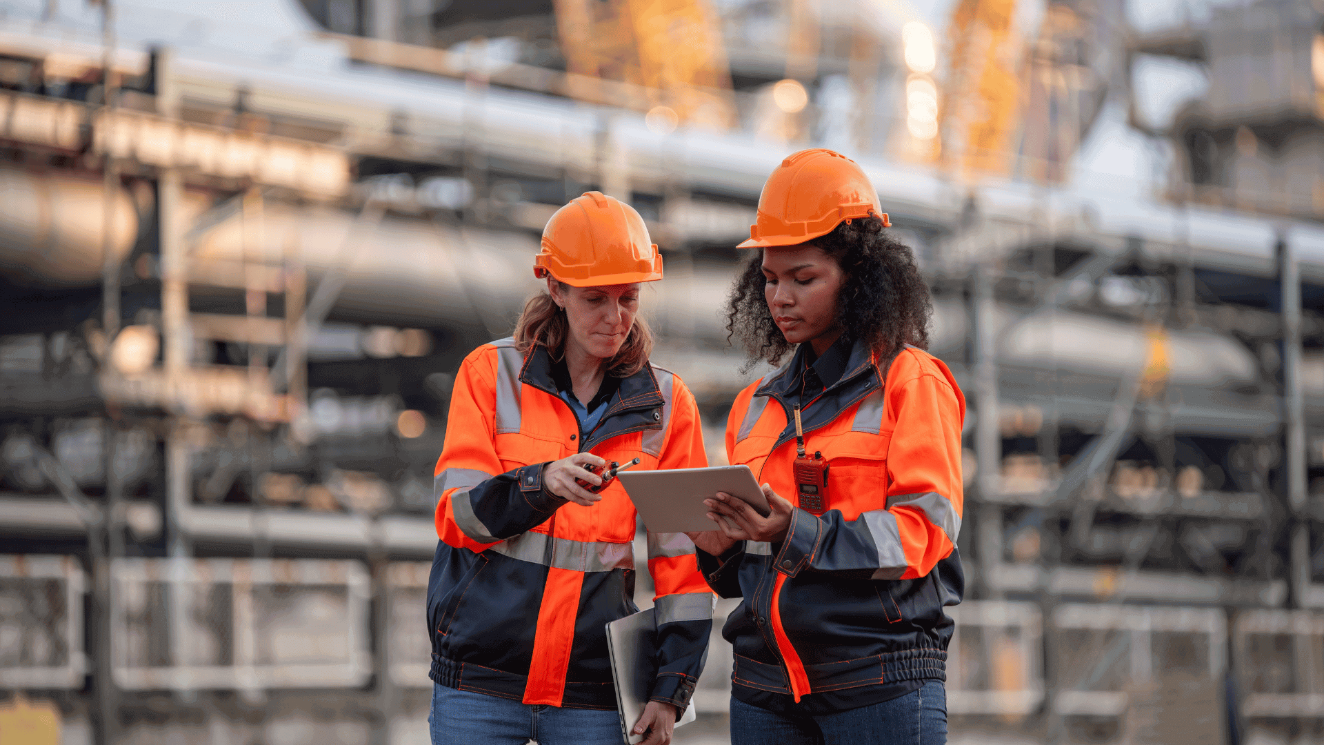 Two women construction workers discussing on site
