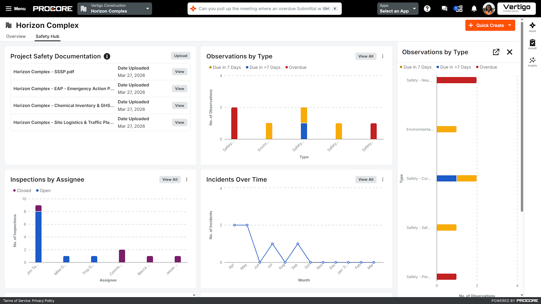 Dashboard view of Horizon Complex safety charts and project documents.