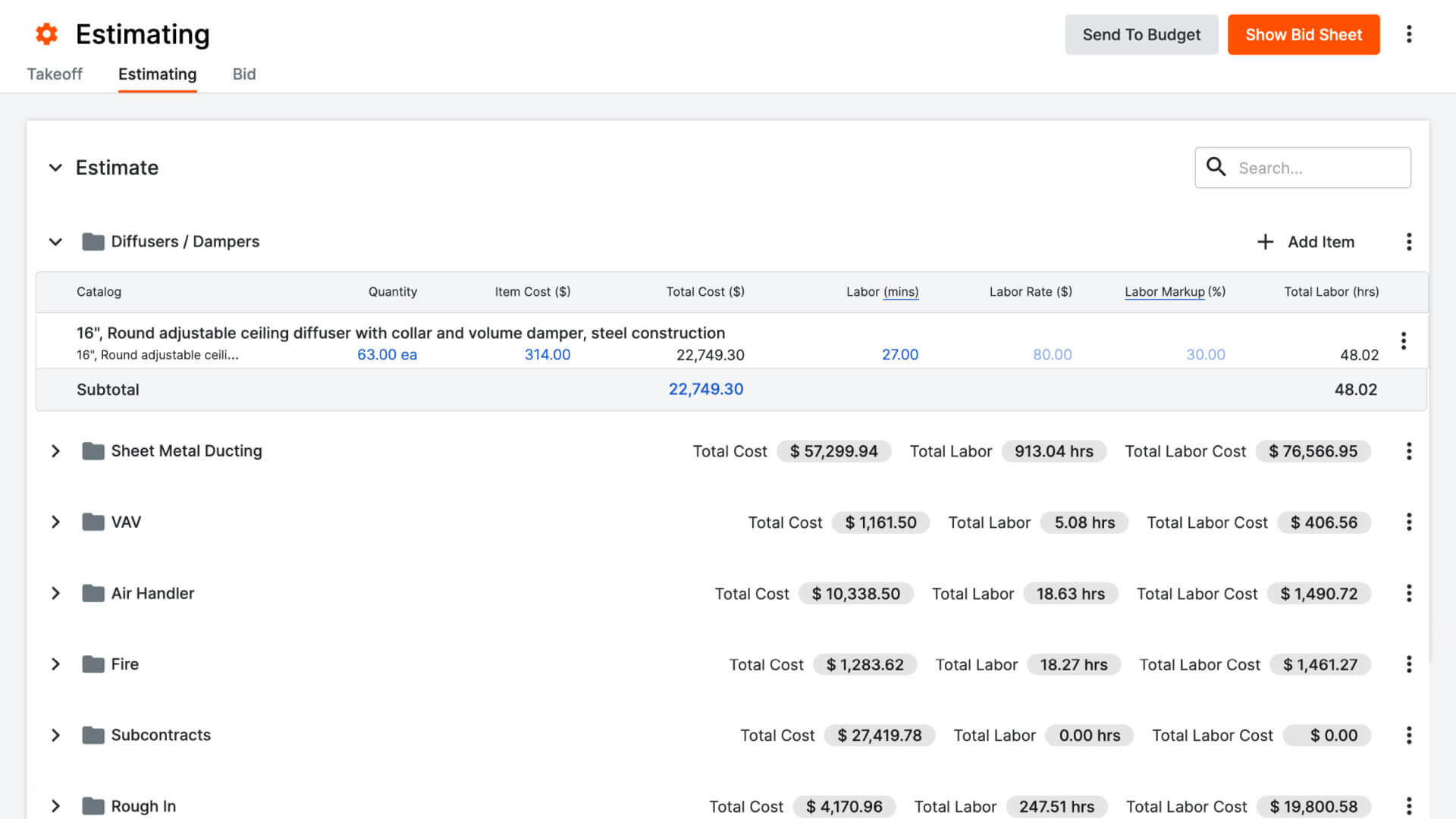 screen capture of estimating's tool on Procore