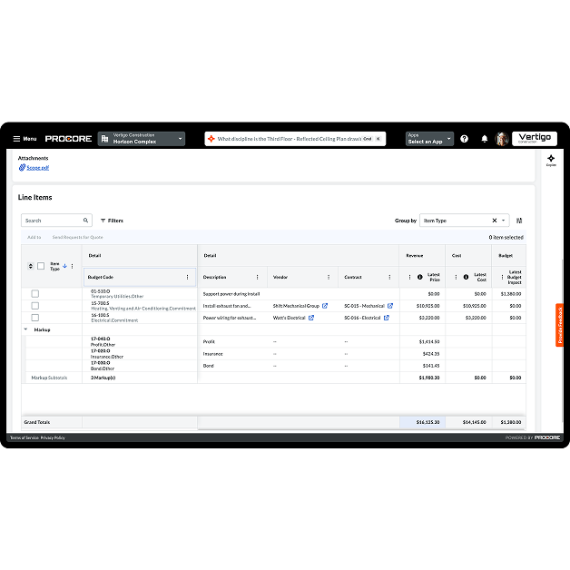 Procore's Change Orders tool UI