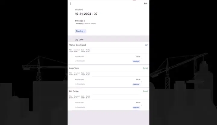 Animation of Procore's Resource Tracking product UI