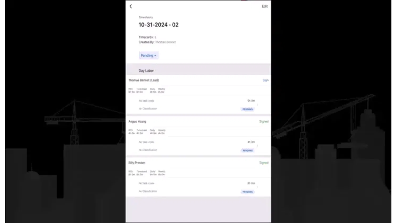 Animation of Procore's Resource Tracking product UI