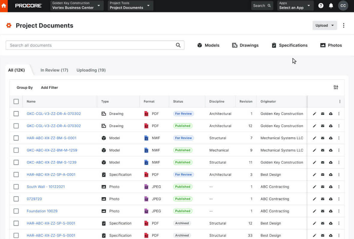 Procore Document management product screens