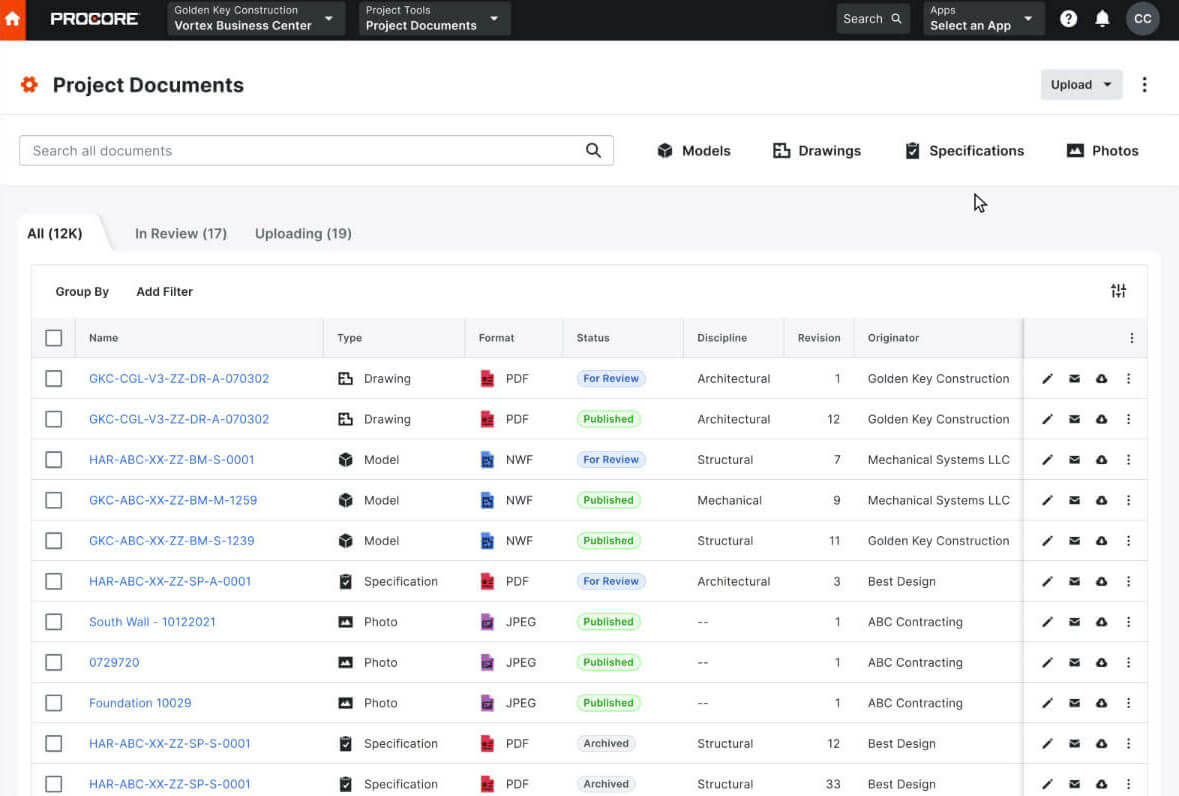 Procore Document management product screens