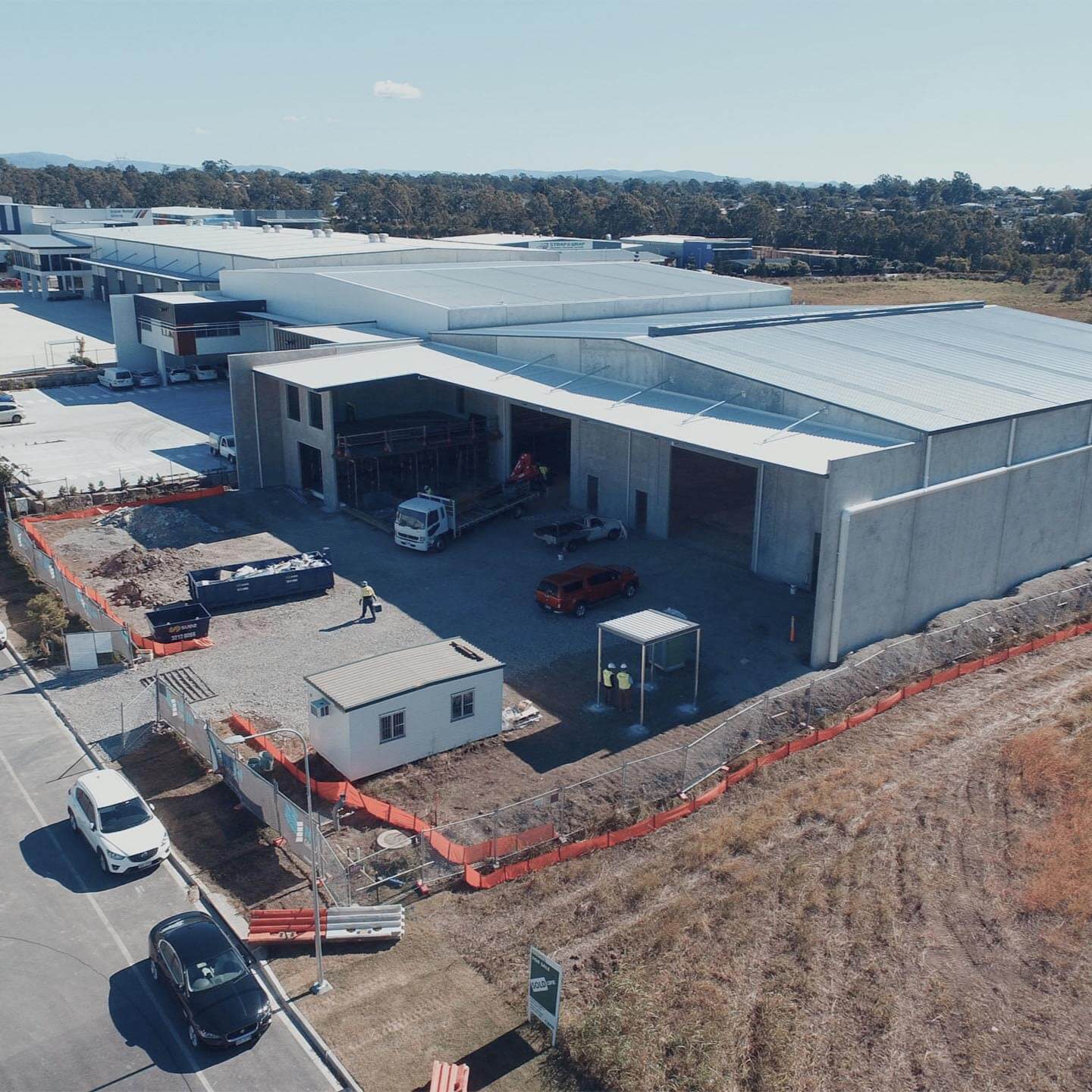 Birdseye shot of a large warehouse complex.