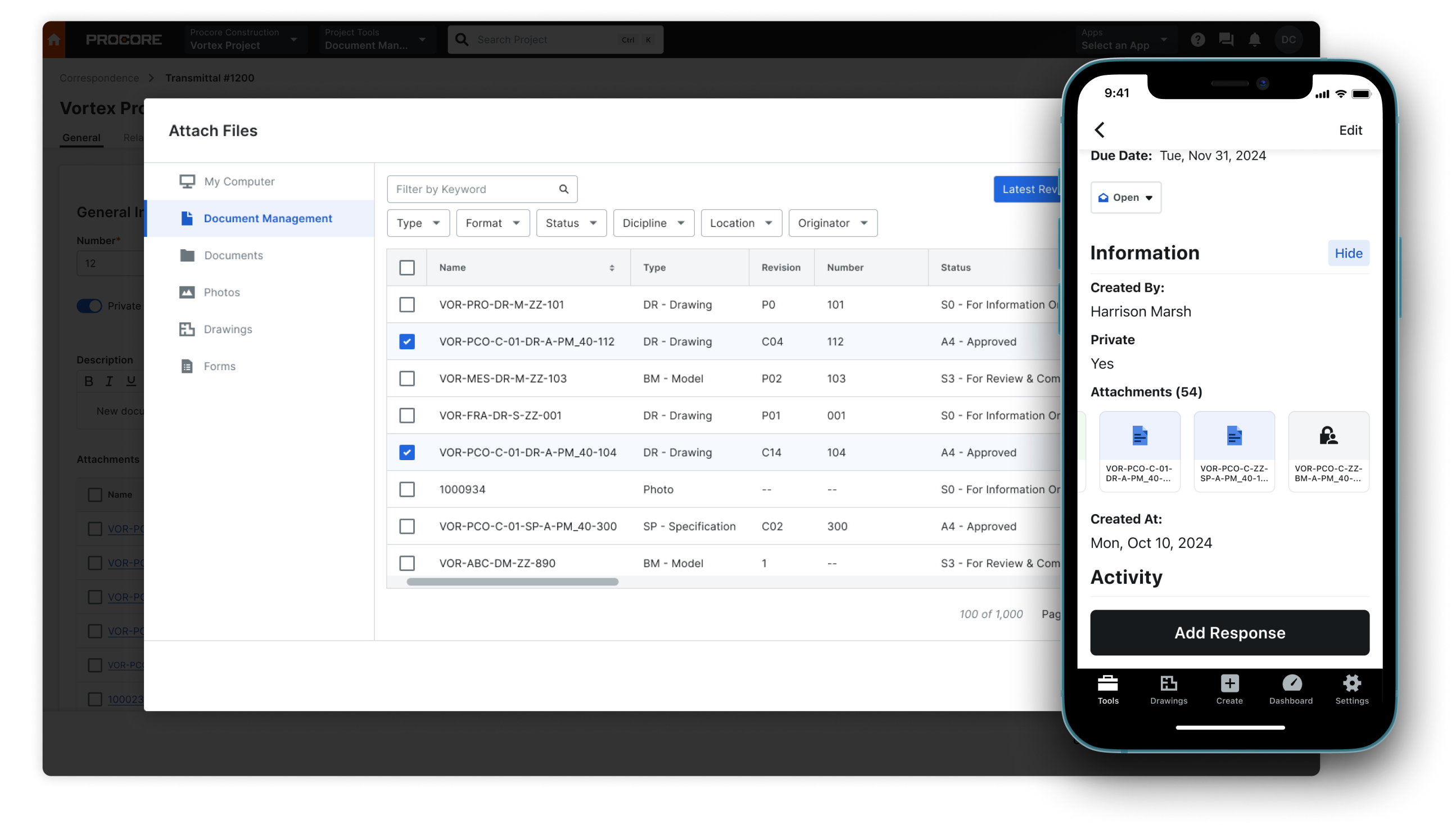 A screen of a laptop and a phone showing Procore's documents tool