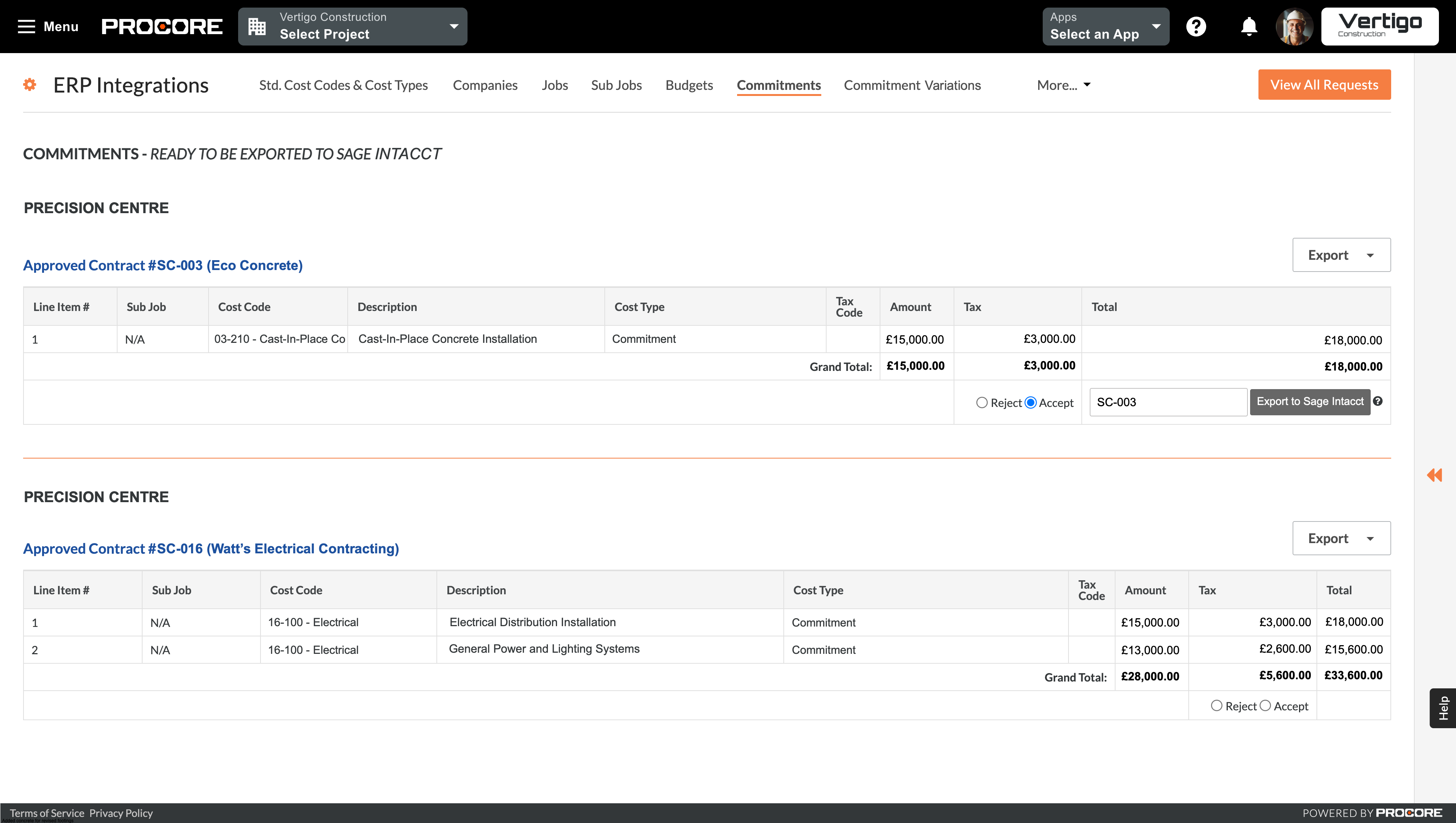 Procore's Commitments tool screen