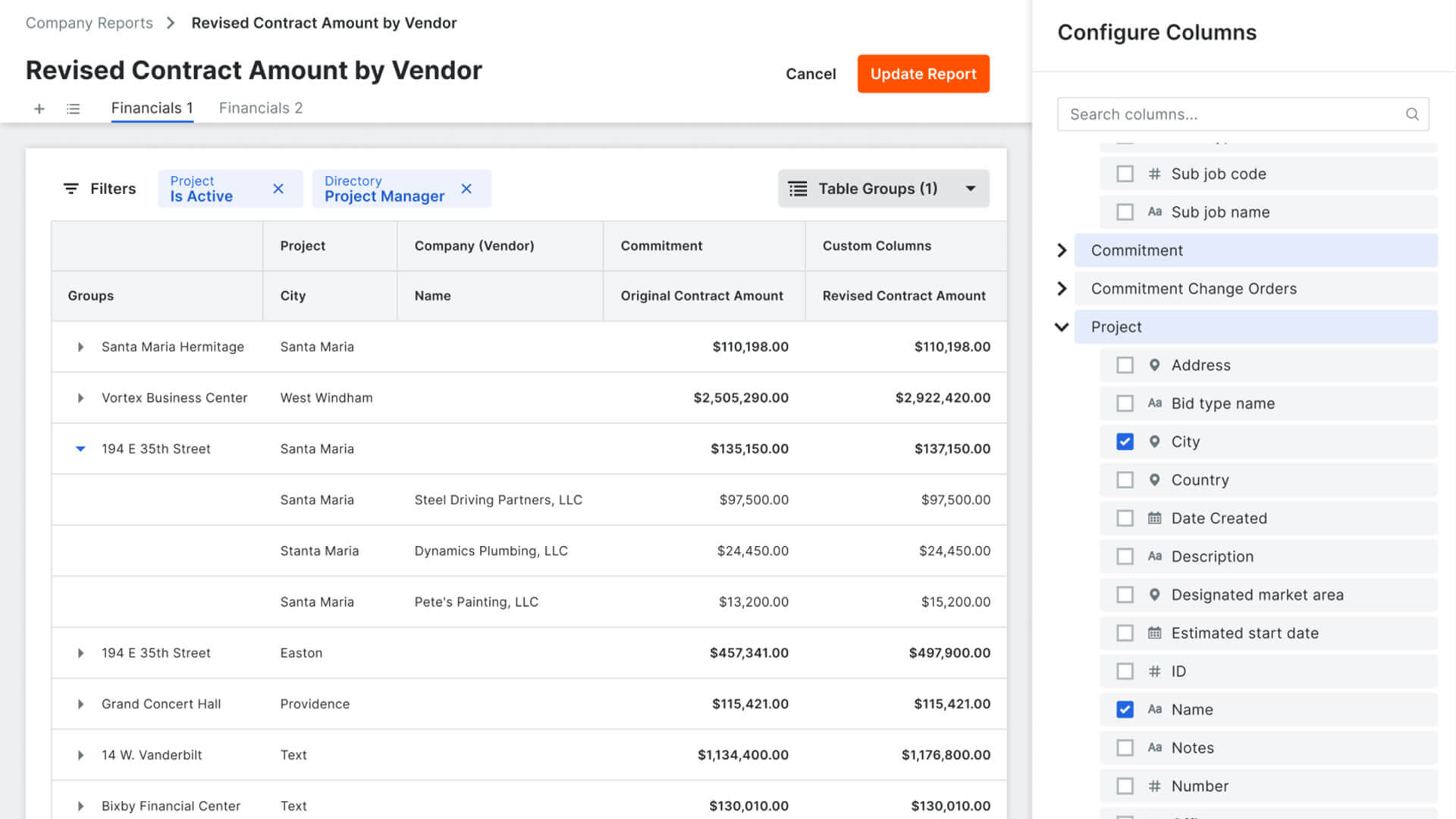 Procore Company Reports screen capture