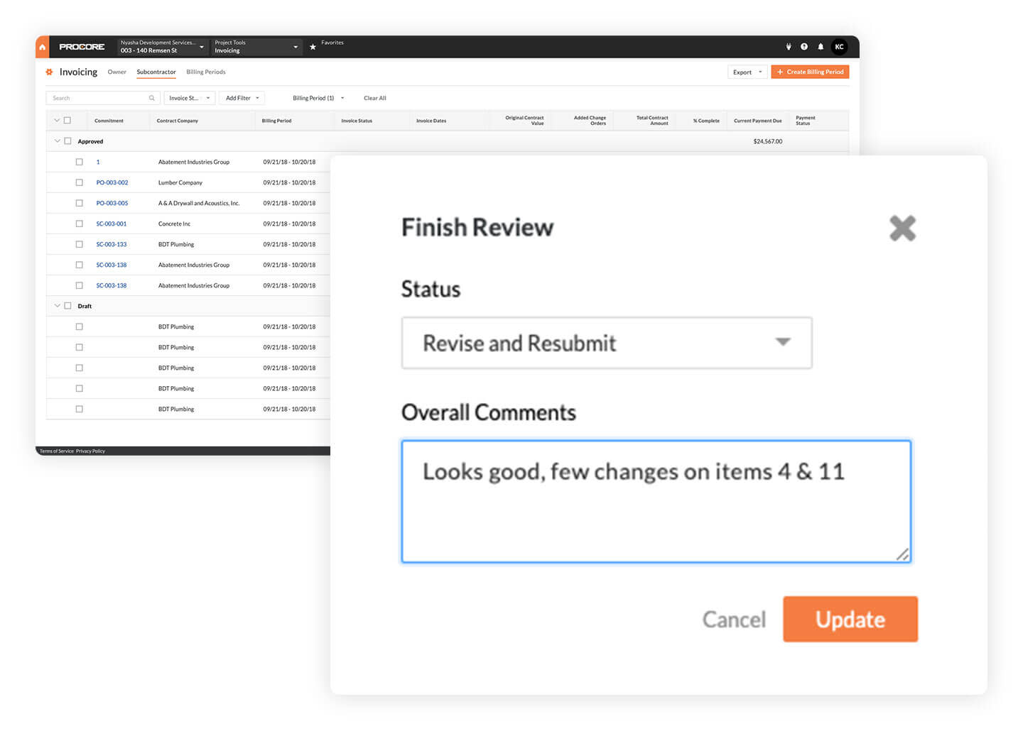 Procore invoice screen