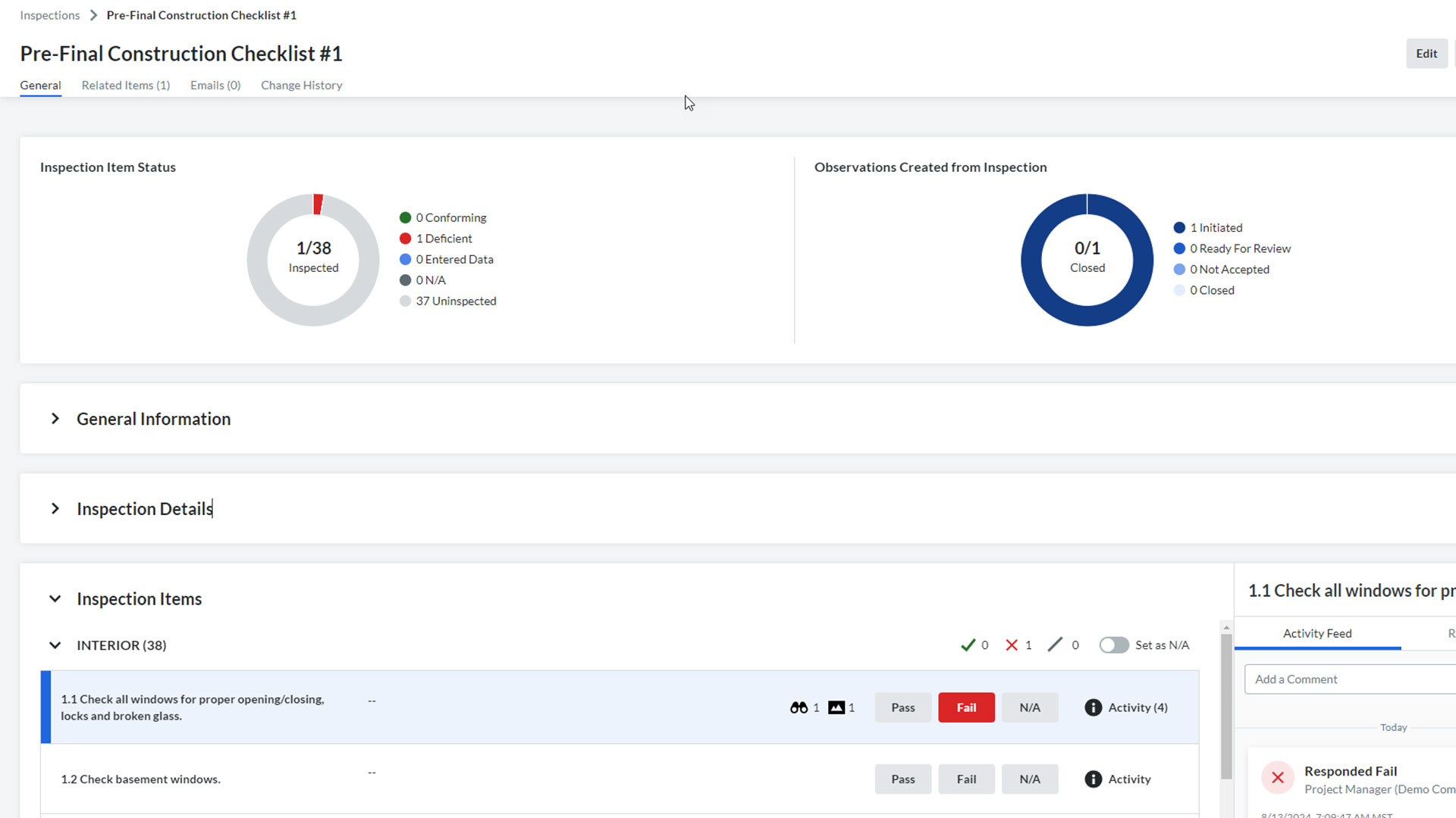 Screen of Procore's Inspections tool