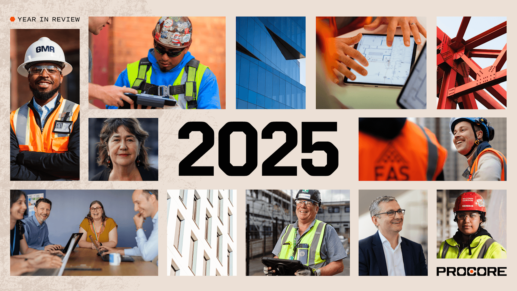 Collage of diverse construction workers, architects, and buildings with "2025" text.