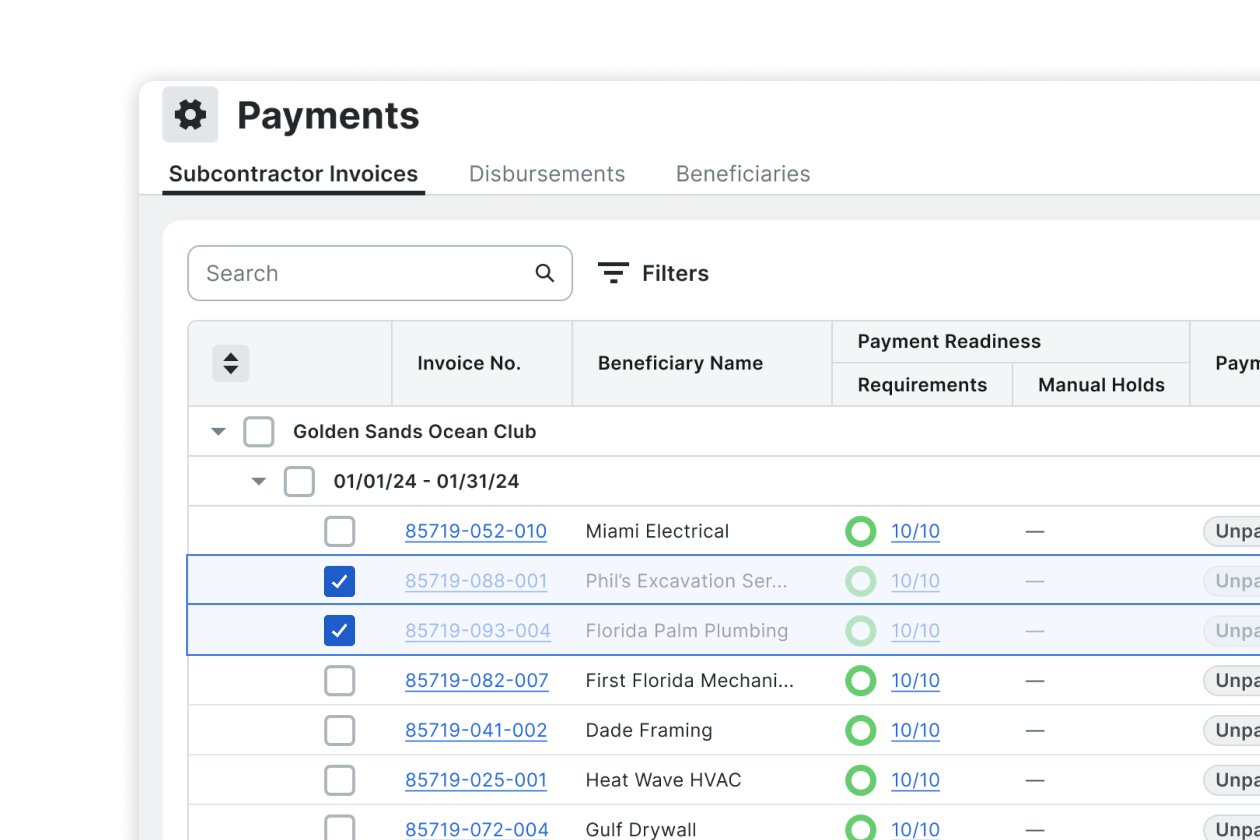 Procore's Payments product screen