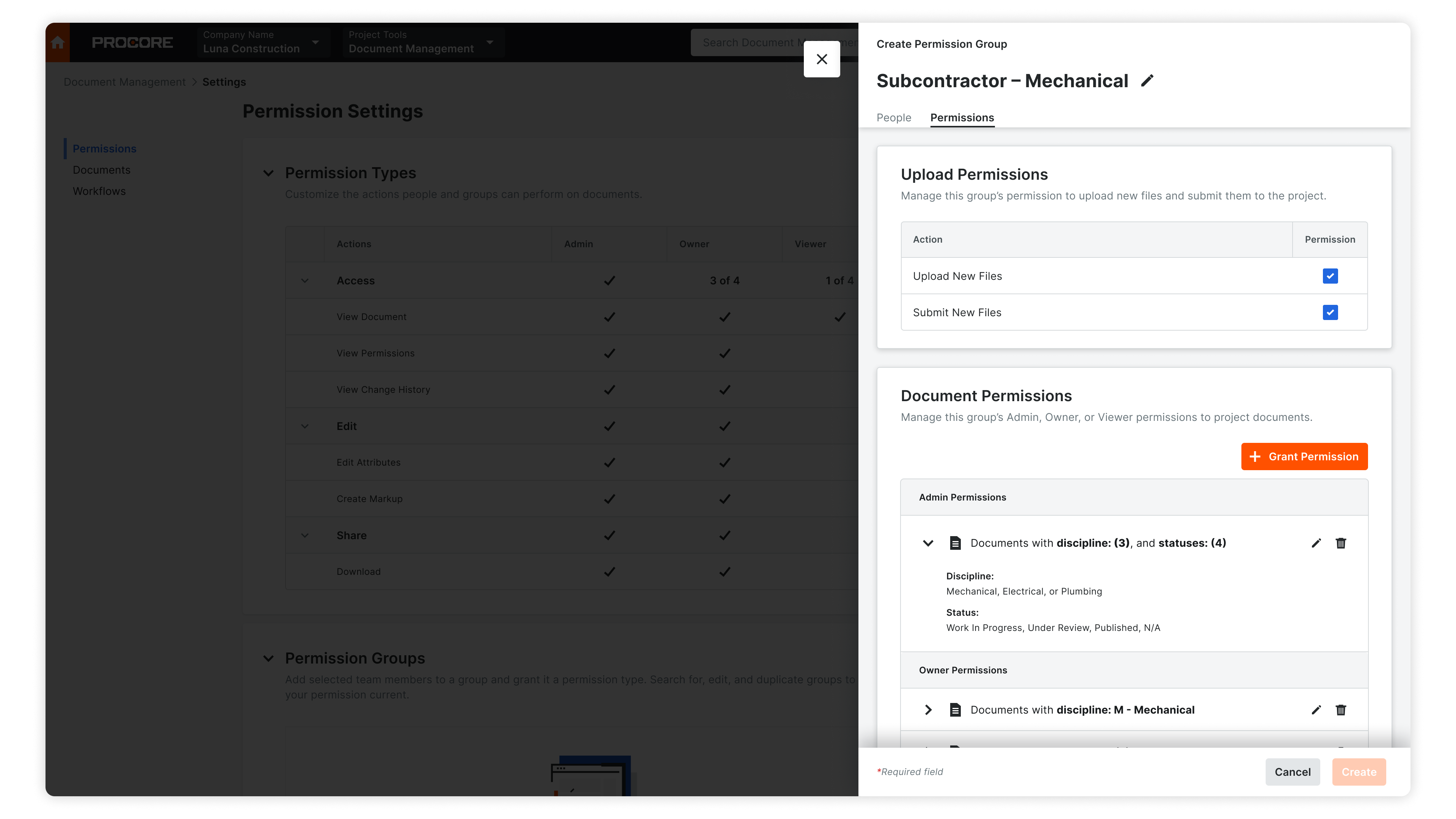 A screen showing Procore's permissions settings