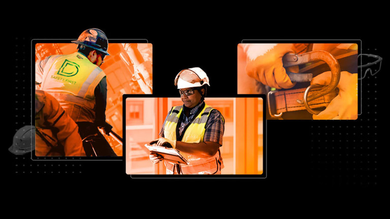 Three tiles with images of construction workers