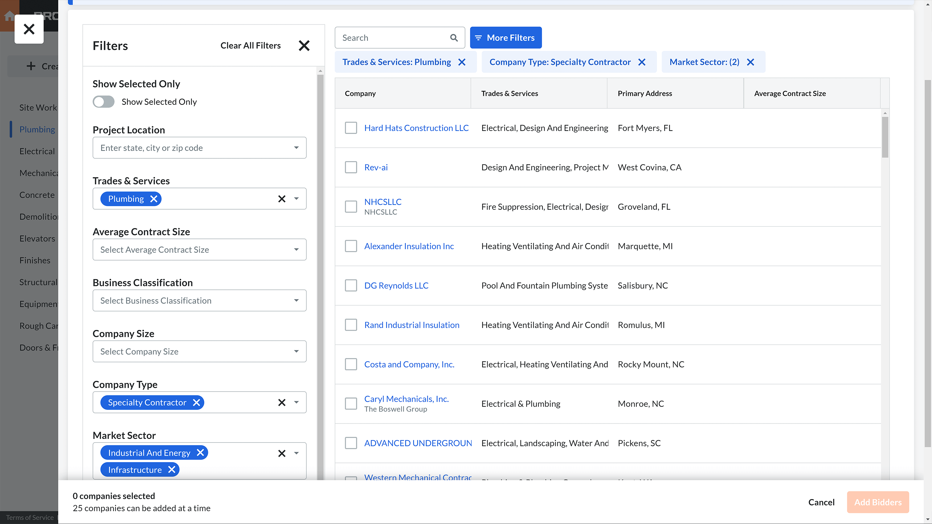 Screen of Procore's filters