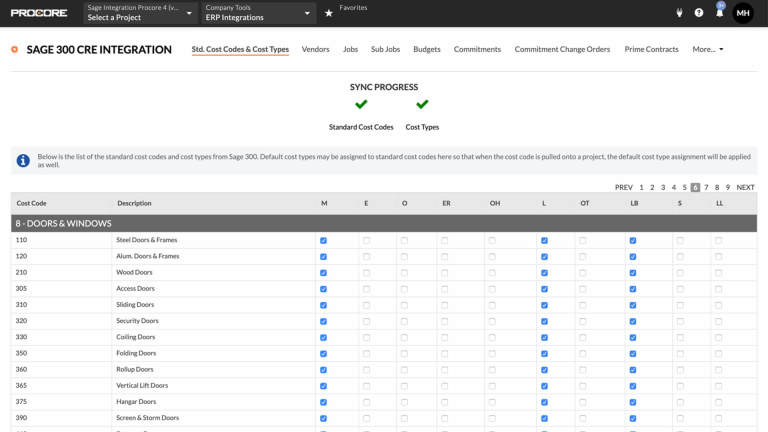 Procore Accounting Integrations Product Screen