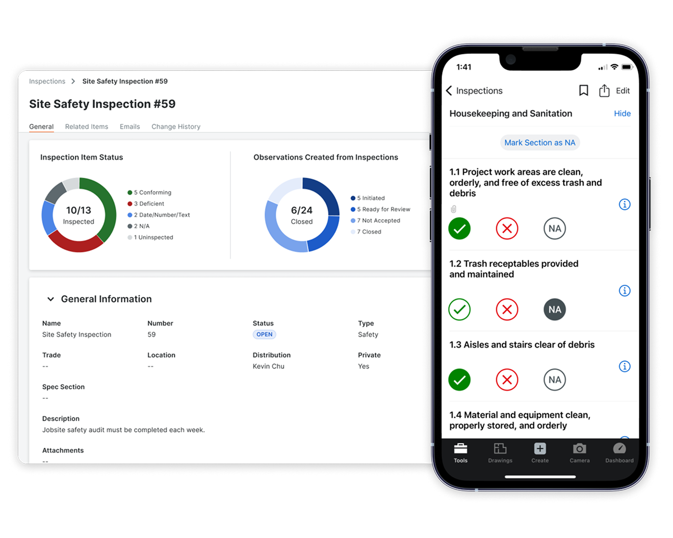 Procore's Inspections tool UI on a computer and a phone