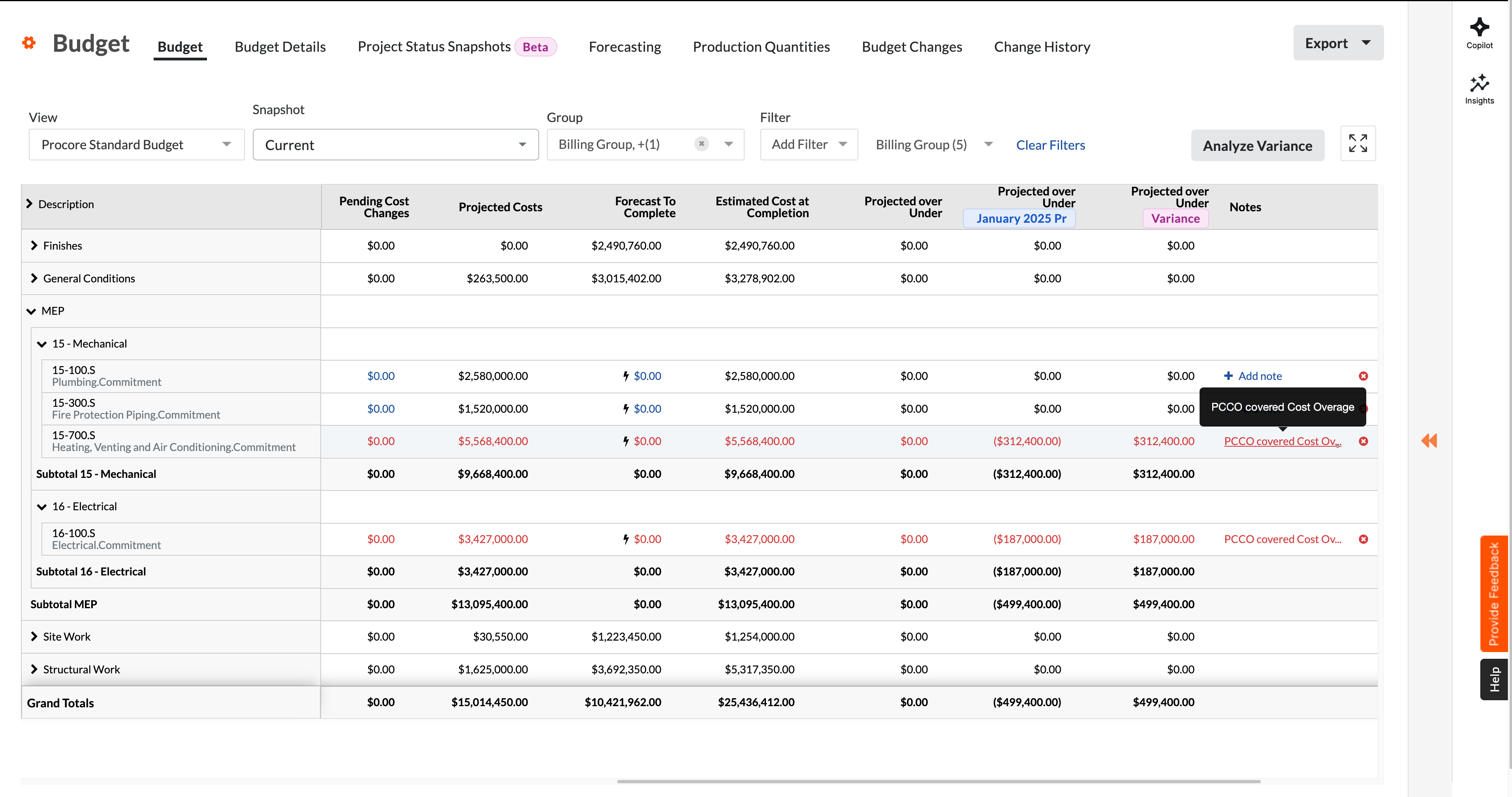 Procore Project Financials screen capture