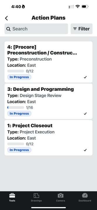 Screen of Procore's interface on a phone
