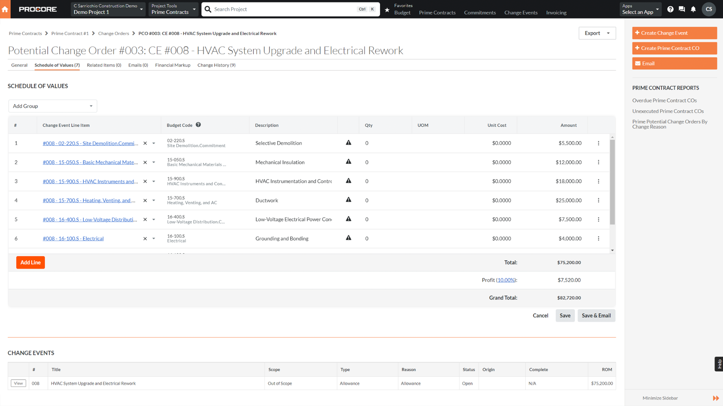 Screen of Procore's change order tool