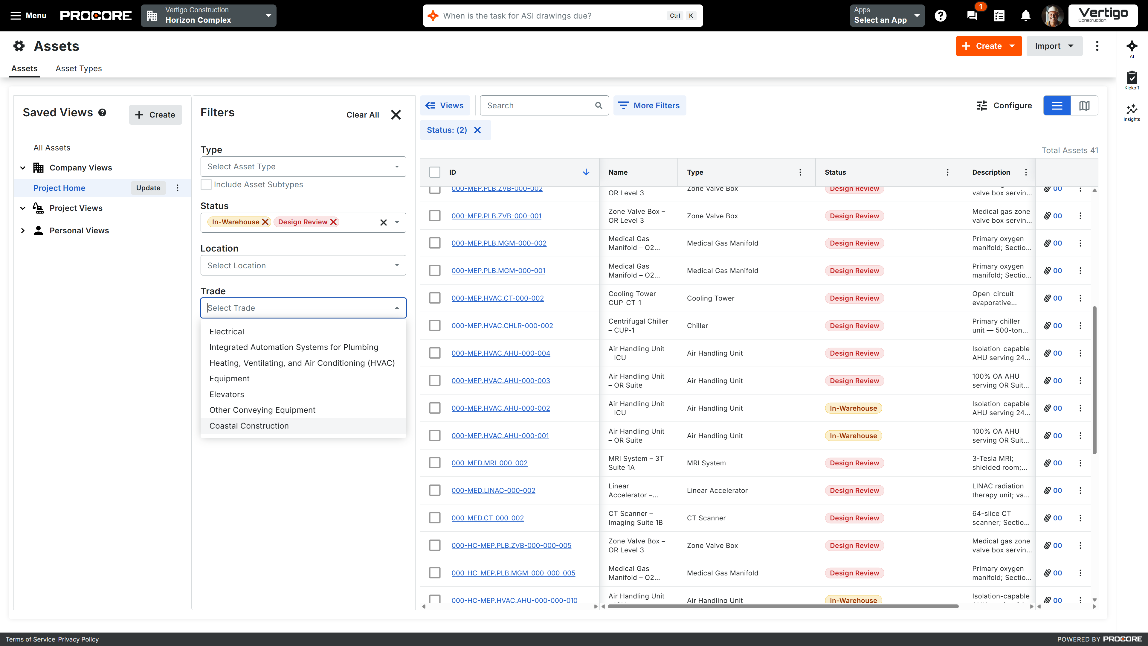 Construction project asset management interface showing filtered equipment list with status and descriptions.