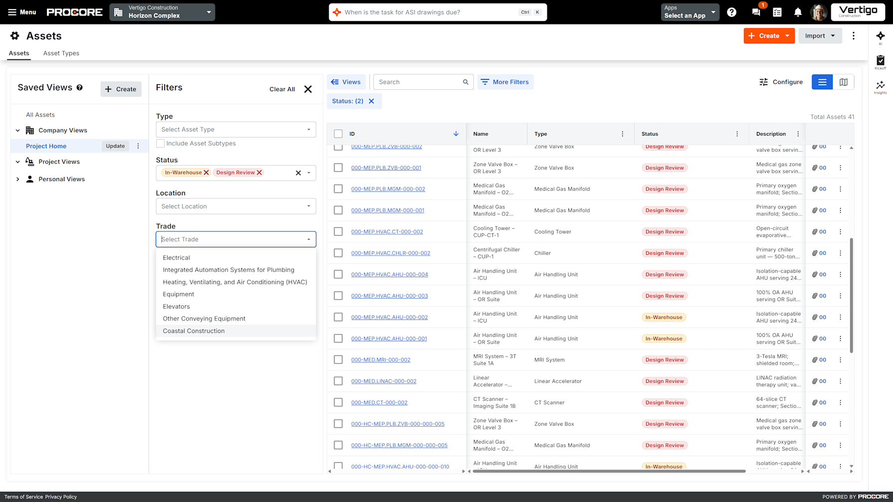 Construction project asset management interface showing filtered equipment list with status and descriptions.