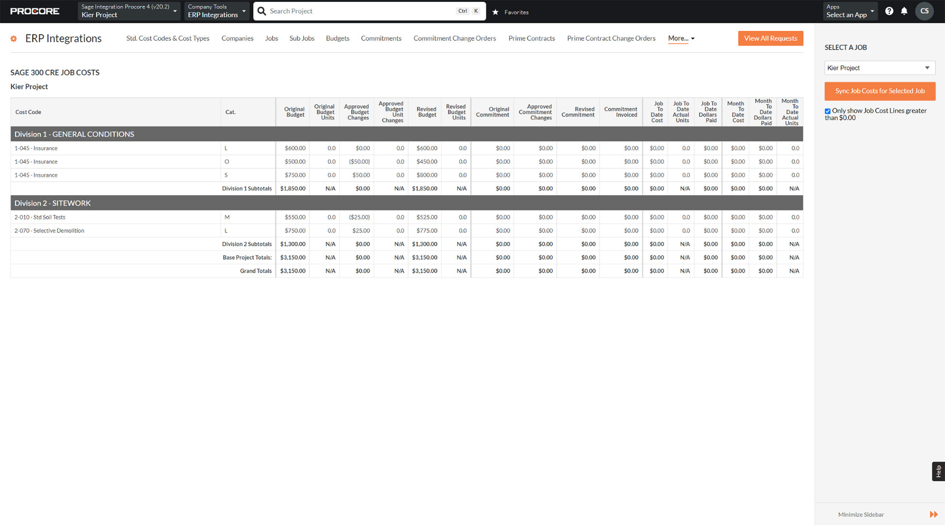 Screen capture of Procore's ERP integrations tool