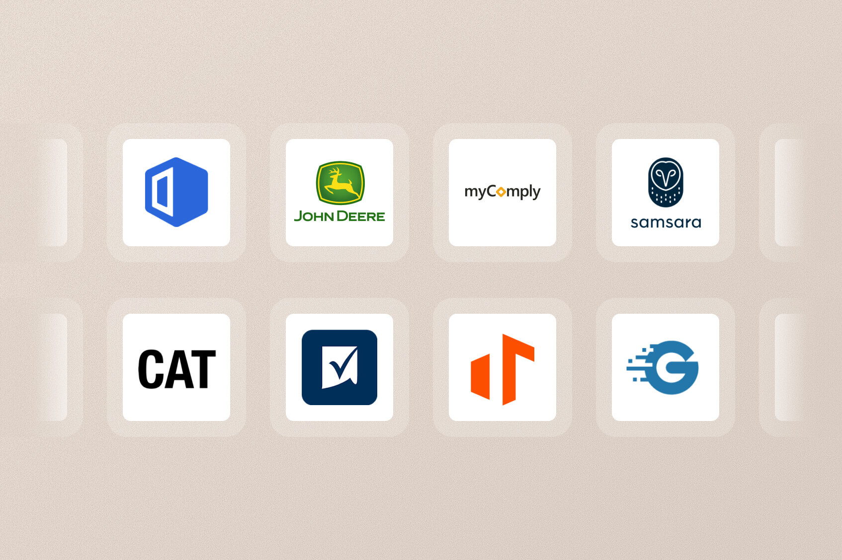 Grid of eight company logos including Microsoft, John Deere, myComply, Samsara, CAT, Taskheat, Microsoft Teams, and Getgo.