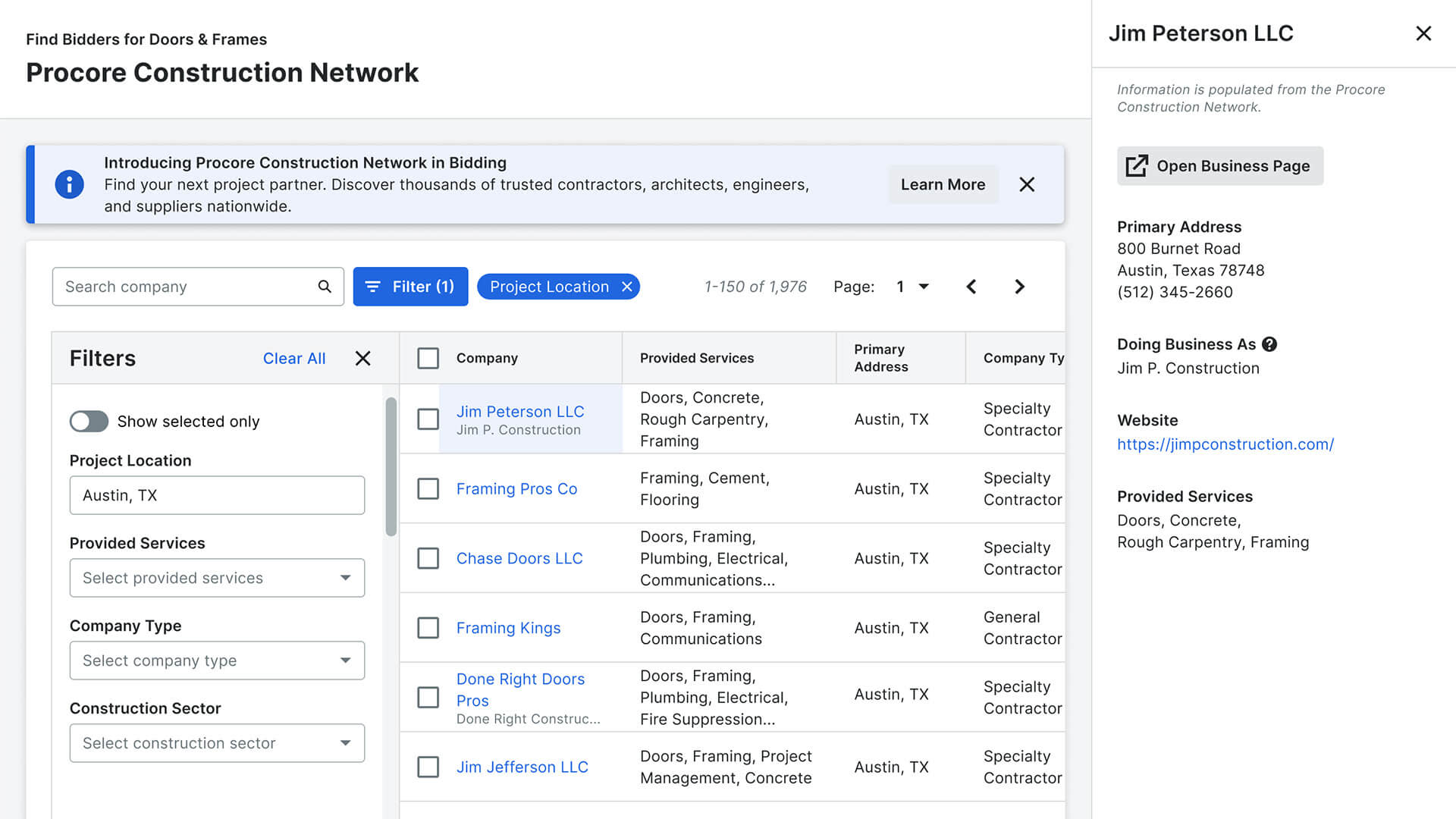 Screenshot of Procore's Construction network