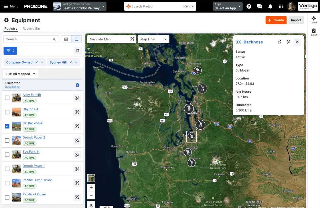 Procore's Equipment Management product screen