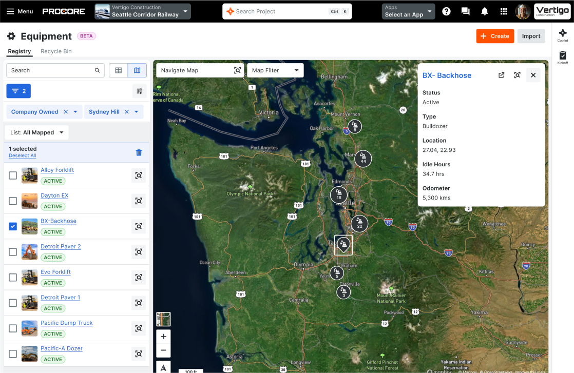 Procore's Equipment Management product screen