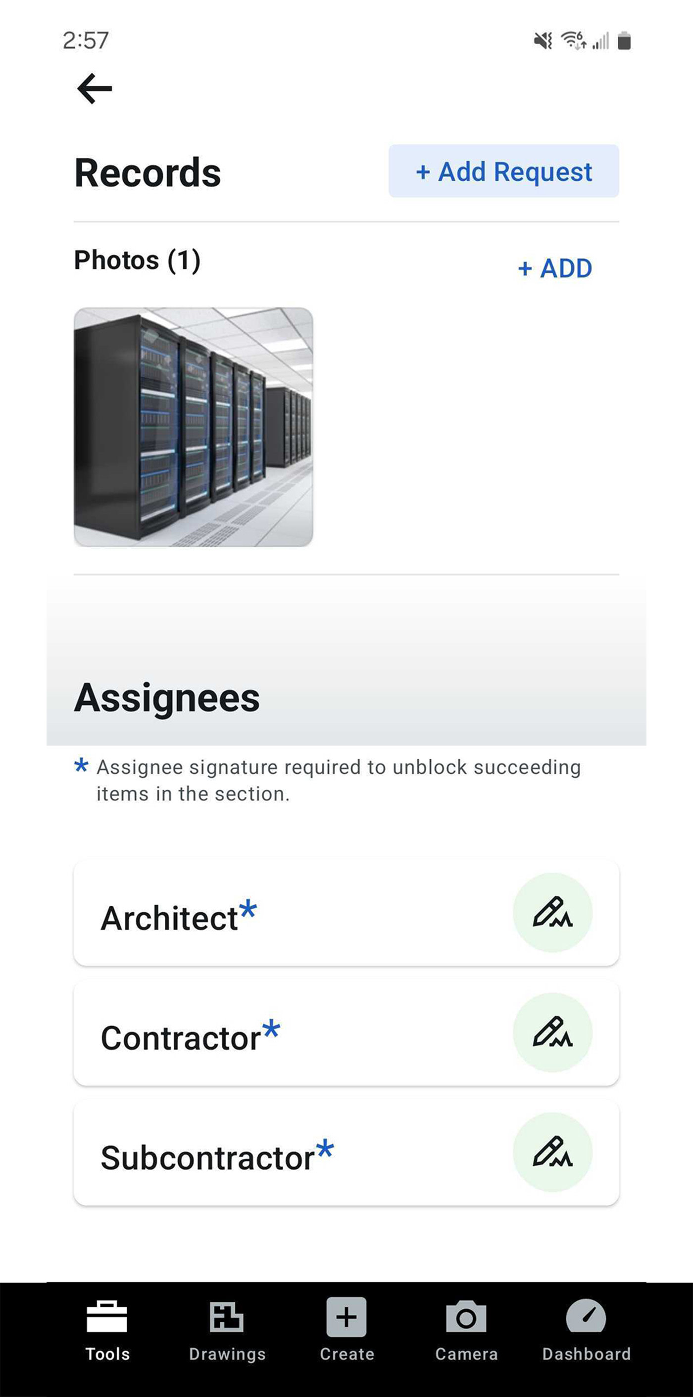 Screen of Procore's Records tool in a phone