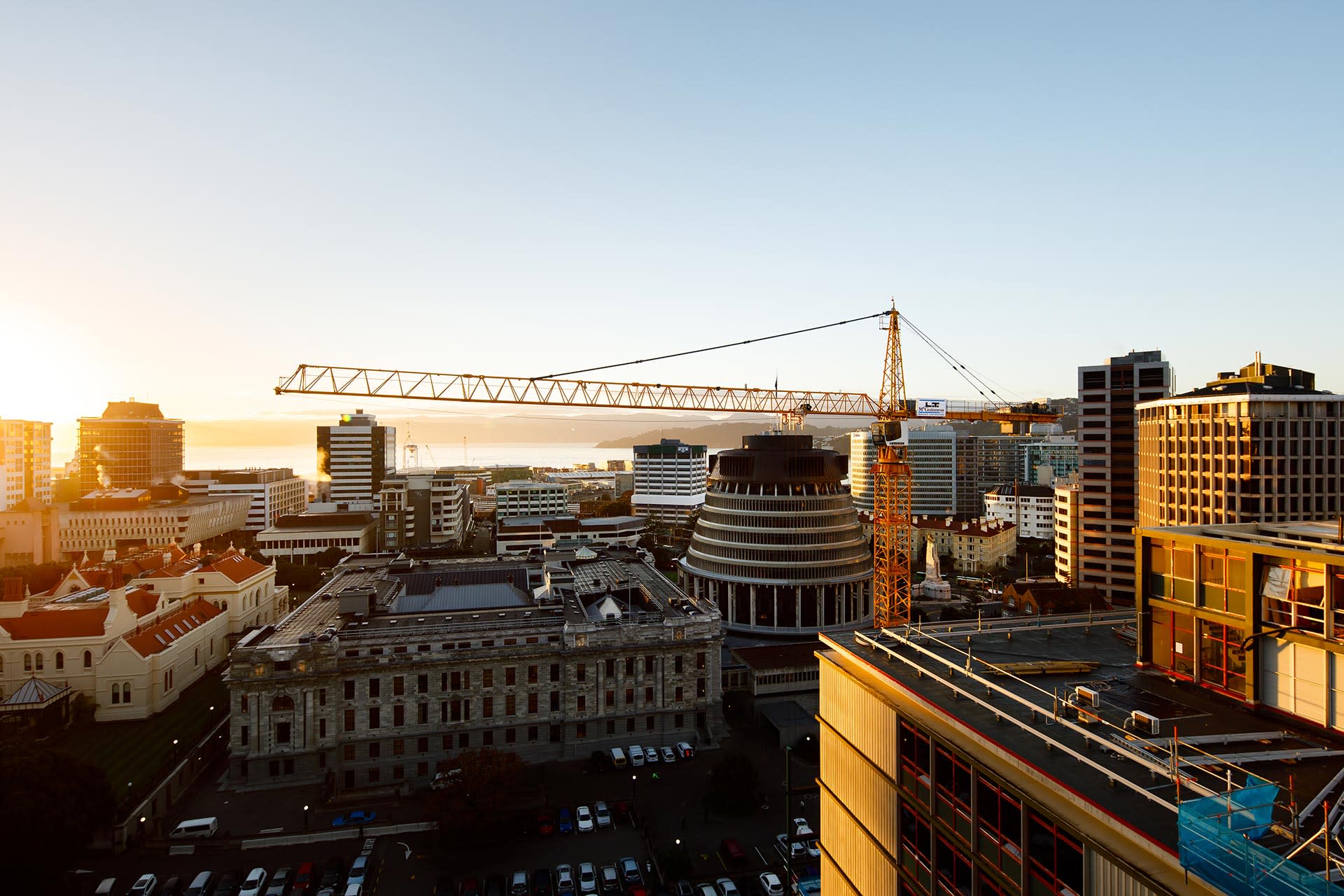 Aerial view of sunset in a city