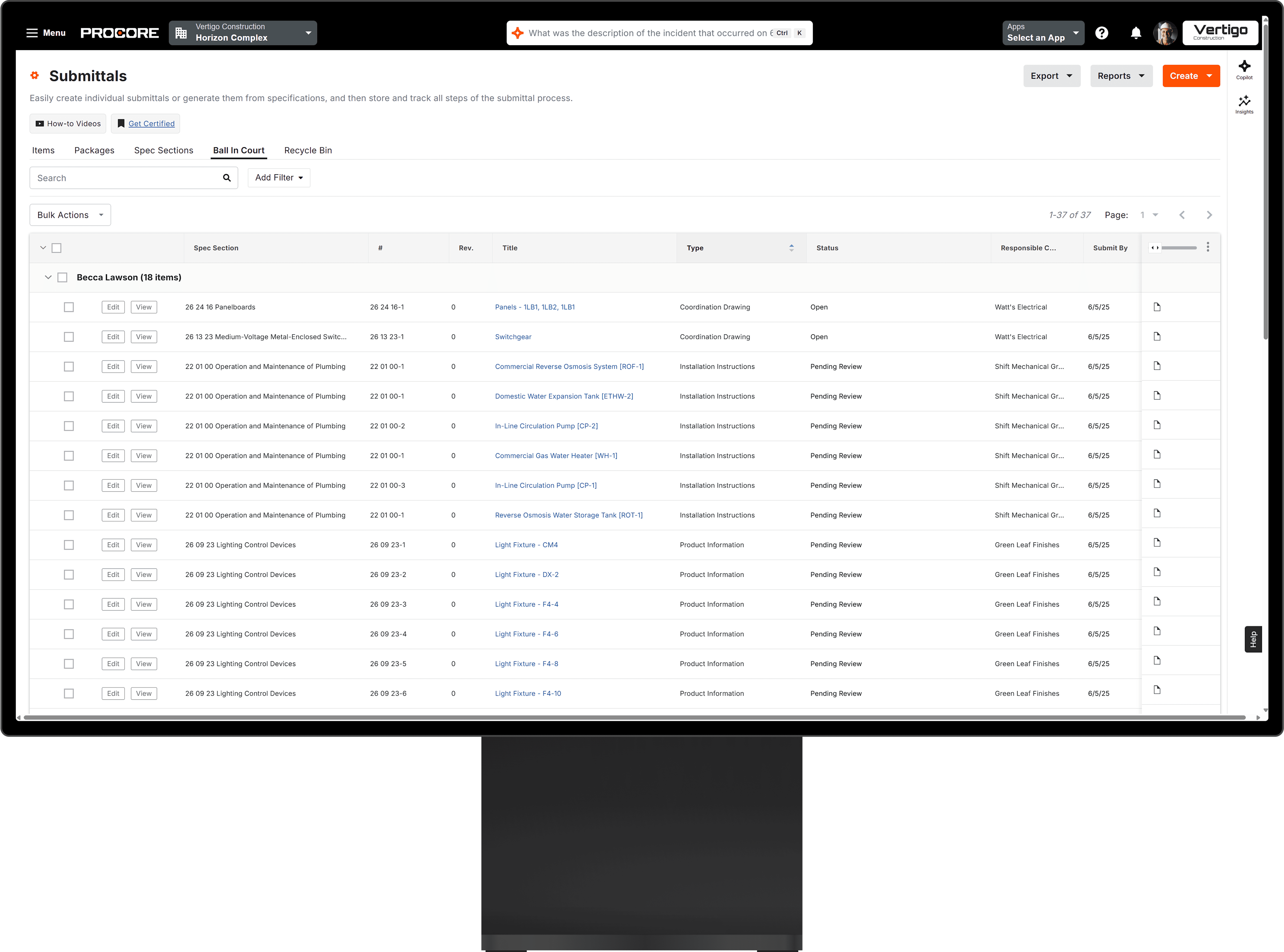 Procore's Submittals tool on a desktop