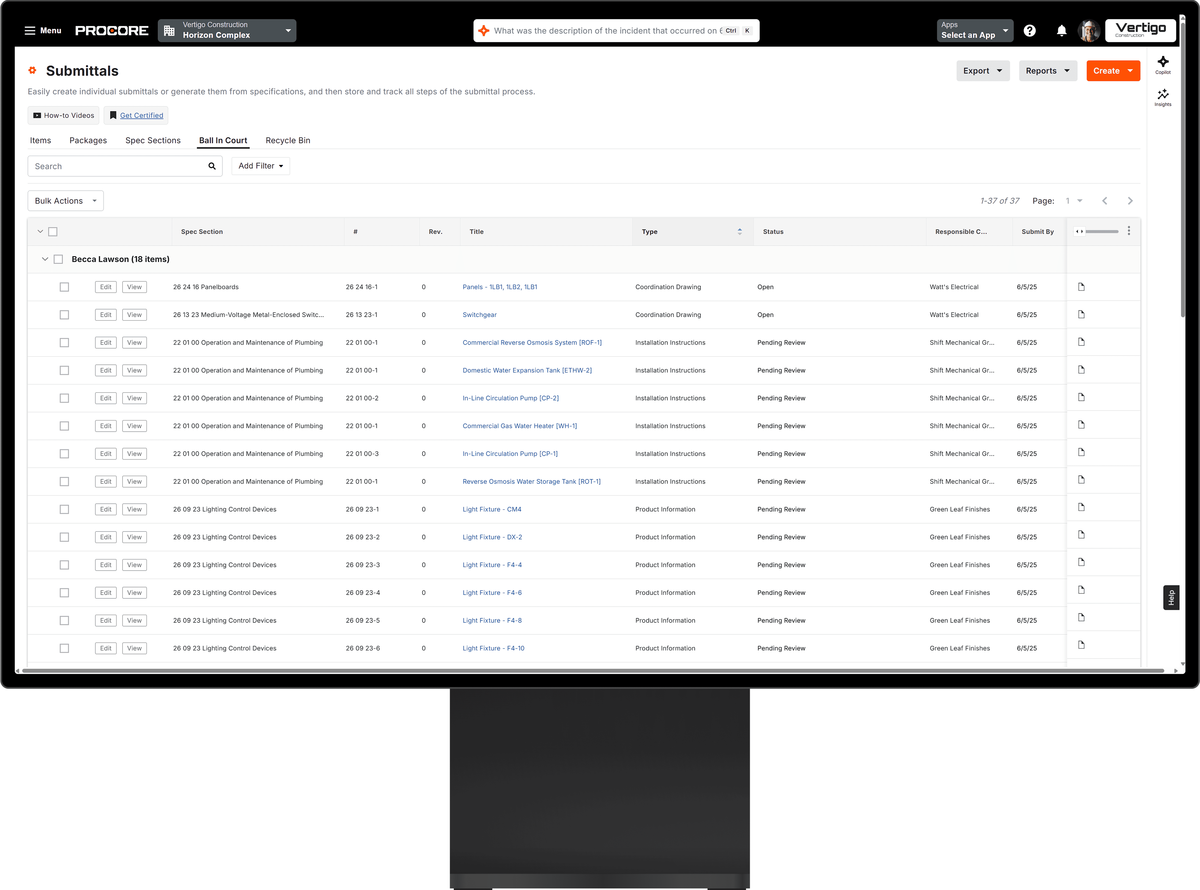 Procore's Submittals tool on a desktop