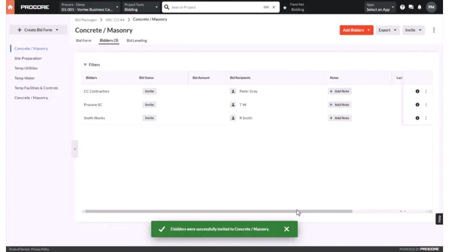 Animation of Procore's Bid Management product UI