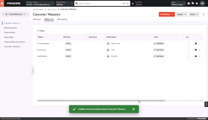 Animation of Procore's Bid Management product UI