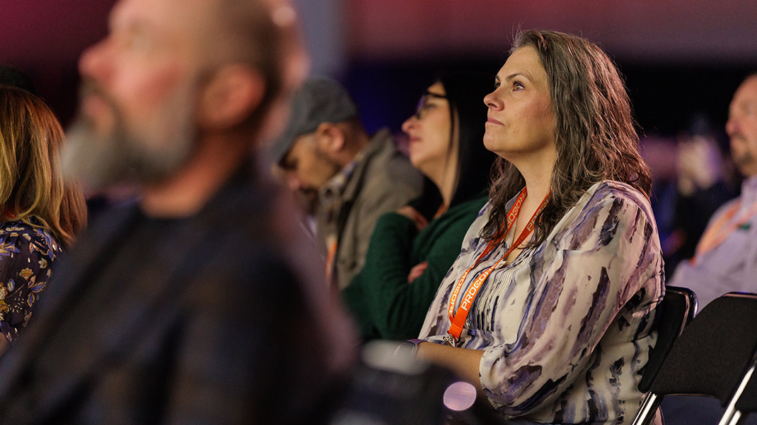 People listening to a keynote at Procore's Groundbreak event
