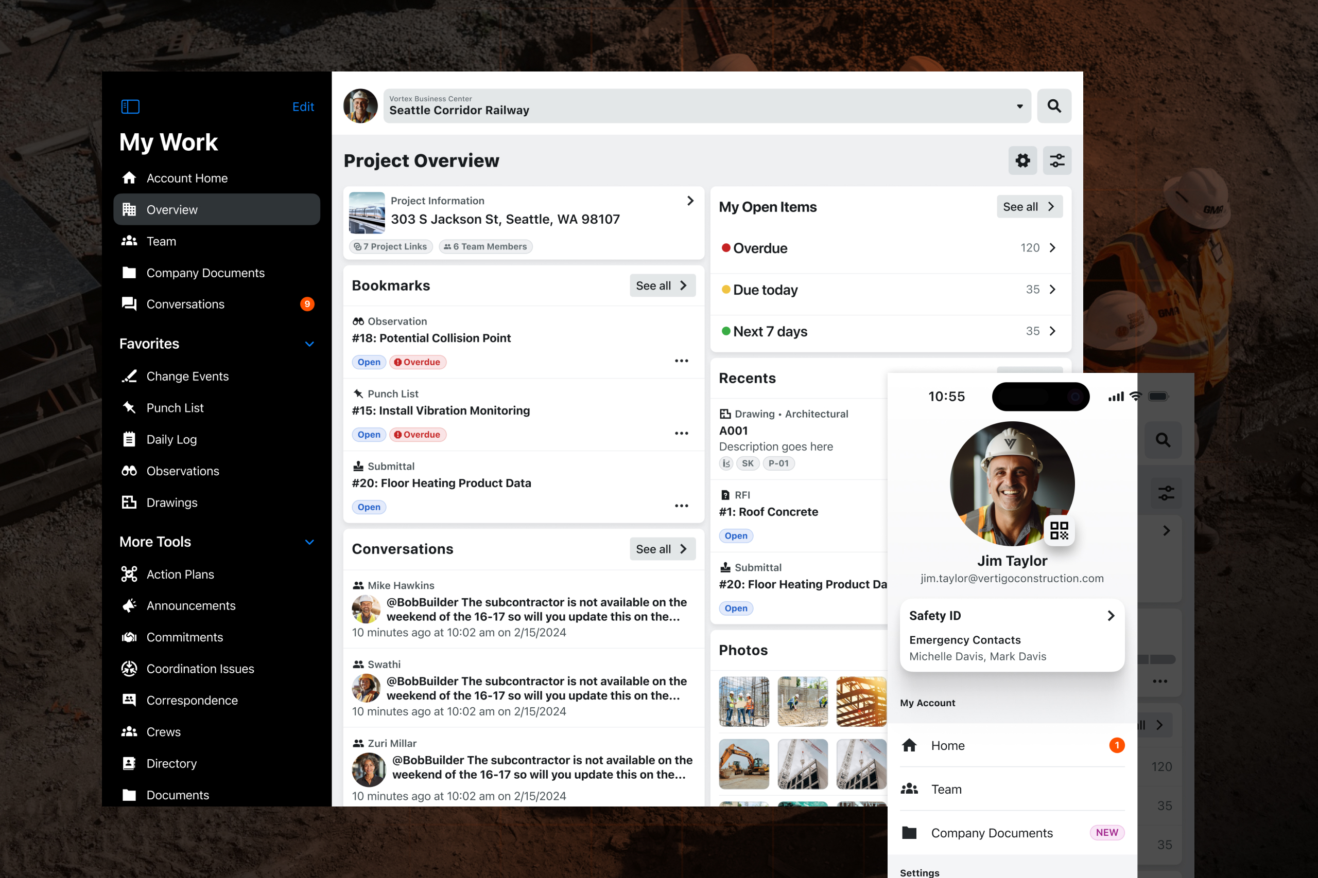 Construction project management dashboard with tasks, messages, and profile.