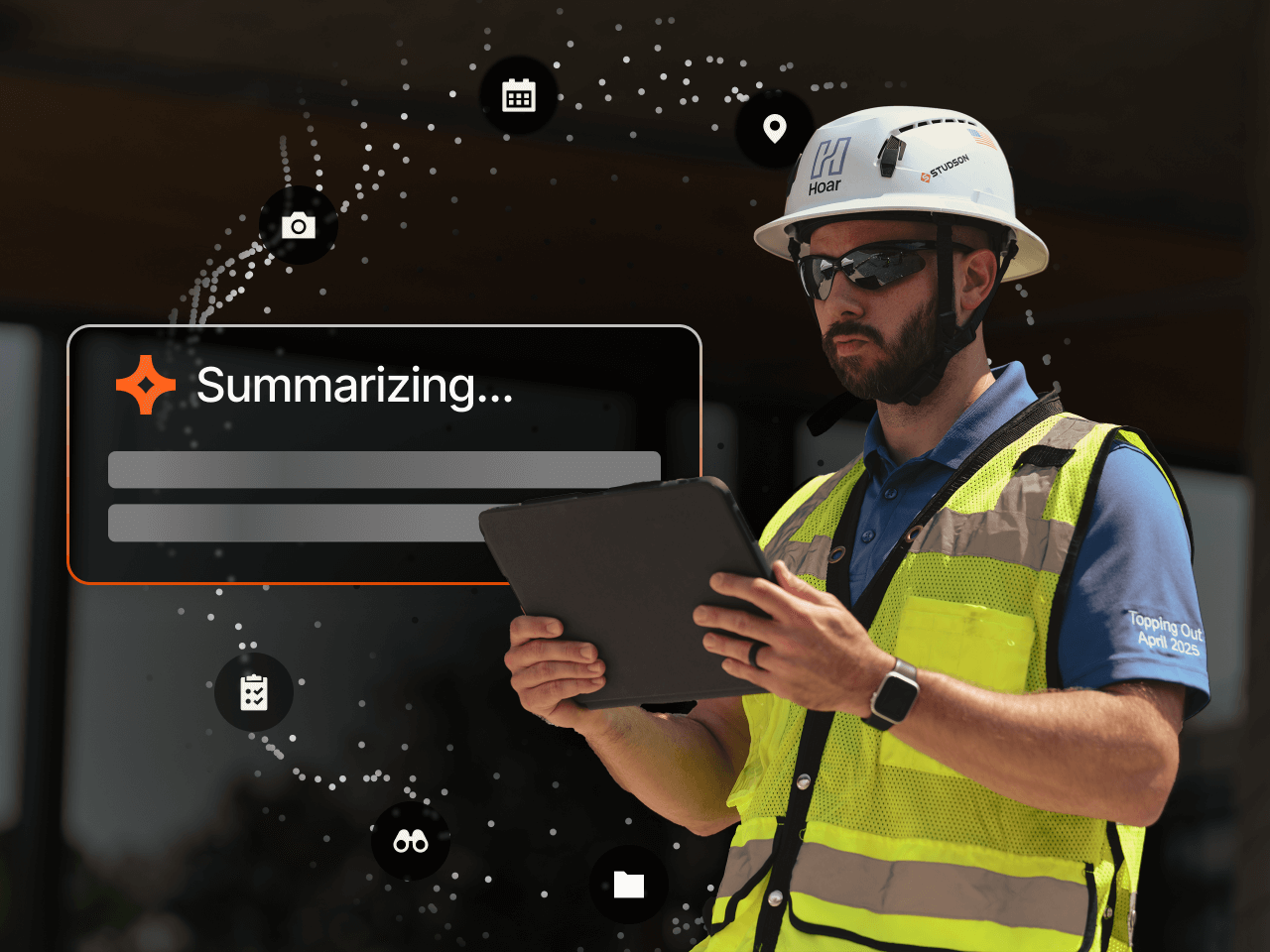 Construction worker in safety gear using tablet with digital icons and "Summarizing..." text.