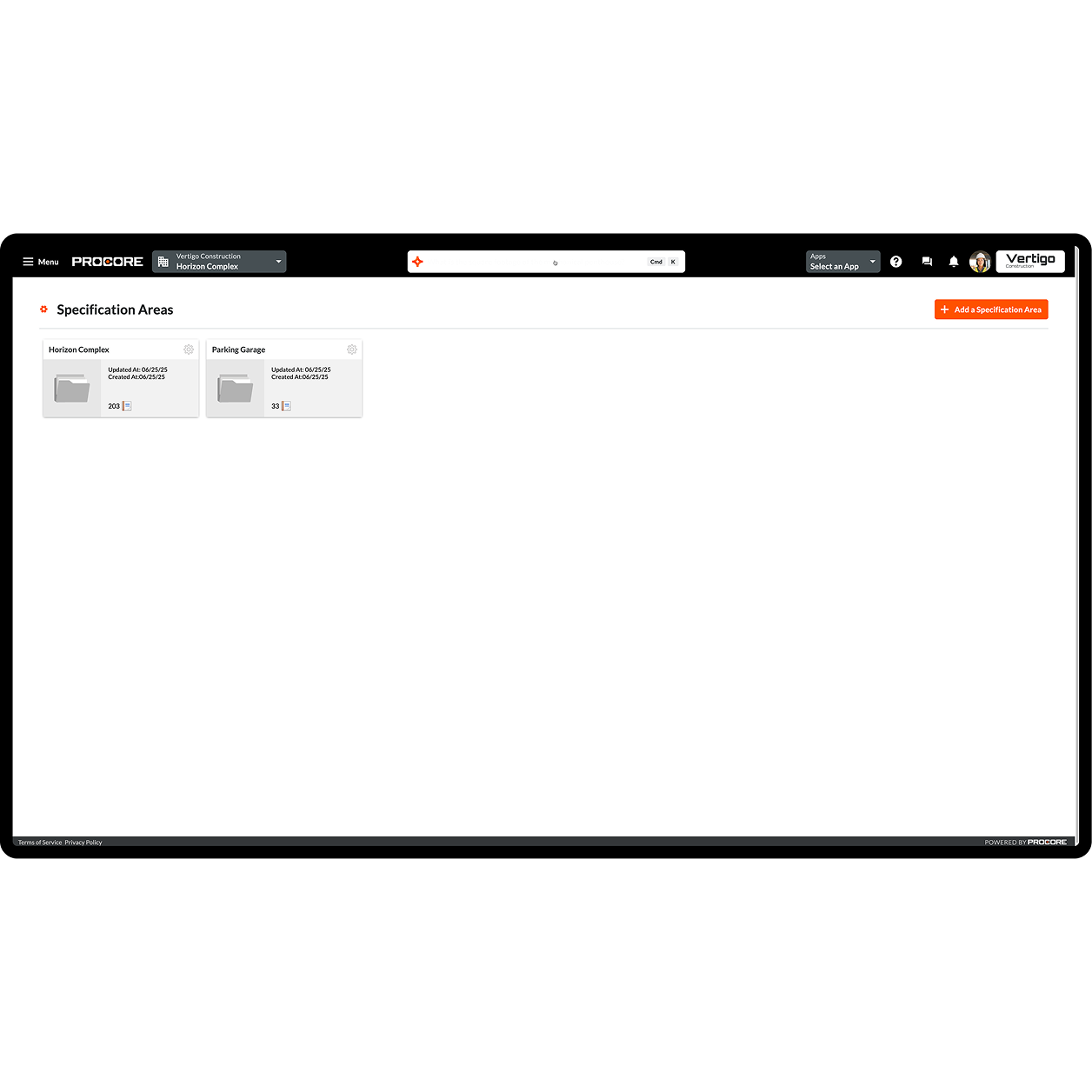 Dashboard showing specification areas for Horizon Complex and Parking Garage projects.