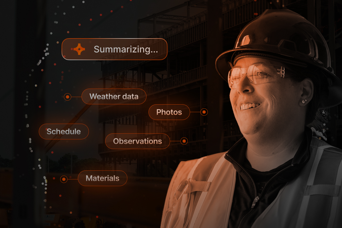 Woman in hard hat and safety glasses with construction site and data labels.