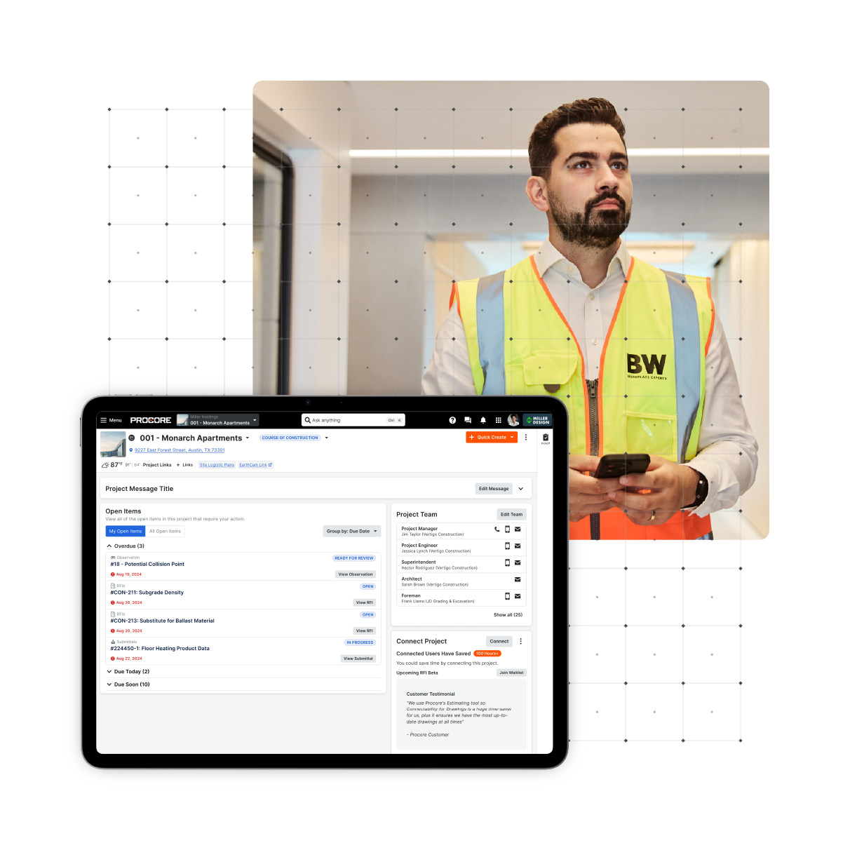 An image of a contractor and a screenshot of Procore's UI
