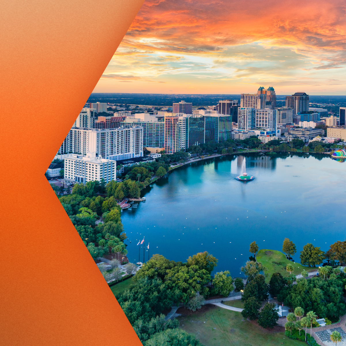 Aerial view of Orlando cityscape with lake, high-rise buildings, and sunset sky framed by orange geometric shape.