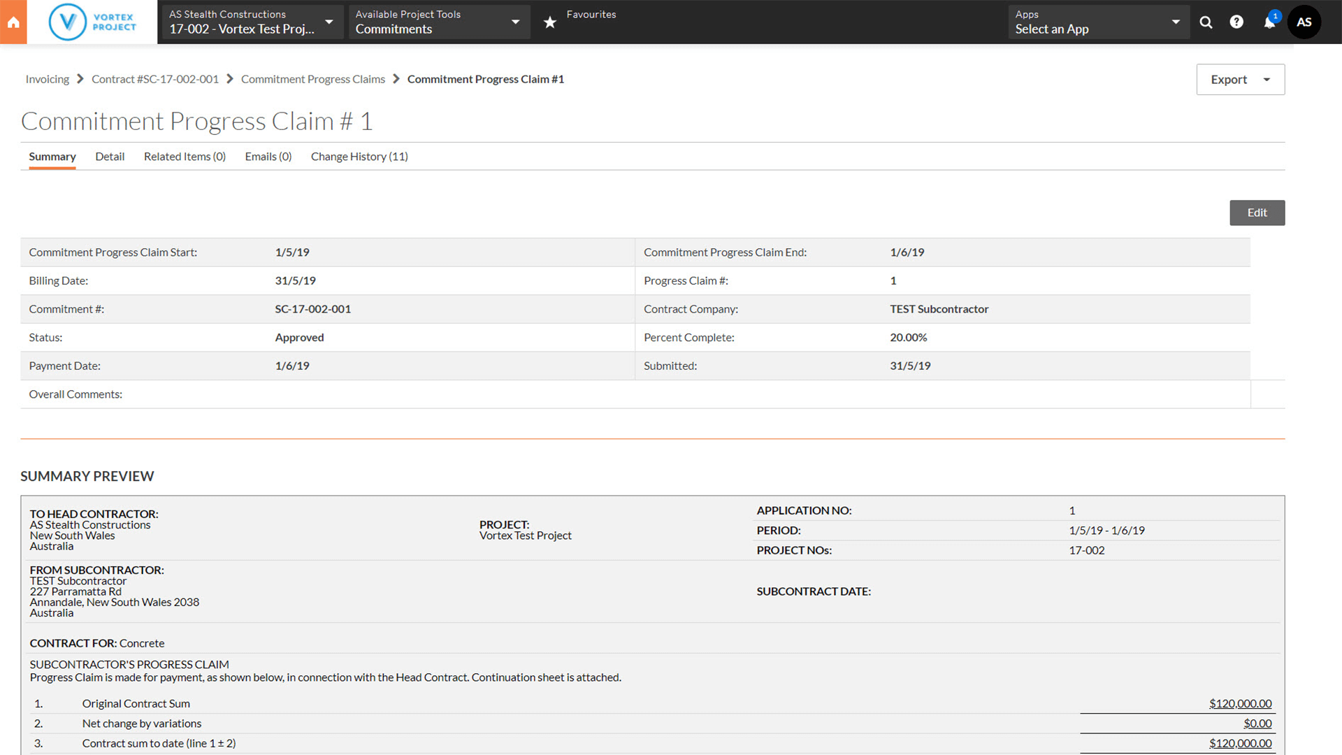 Procore invoice screen