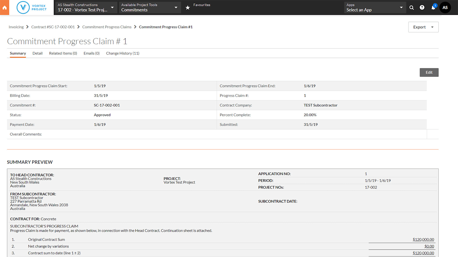 Procore invoice screen