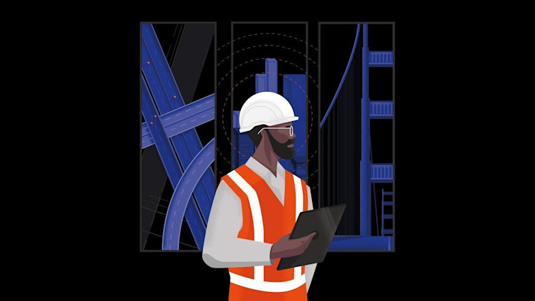 Illustration of a construction worker holding a tablet