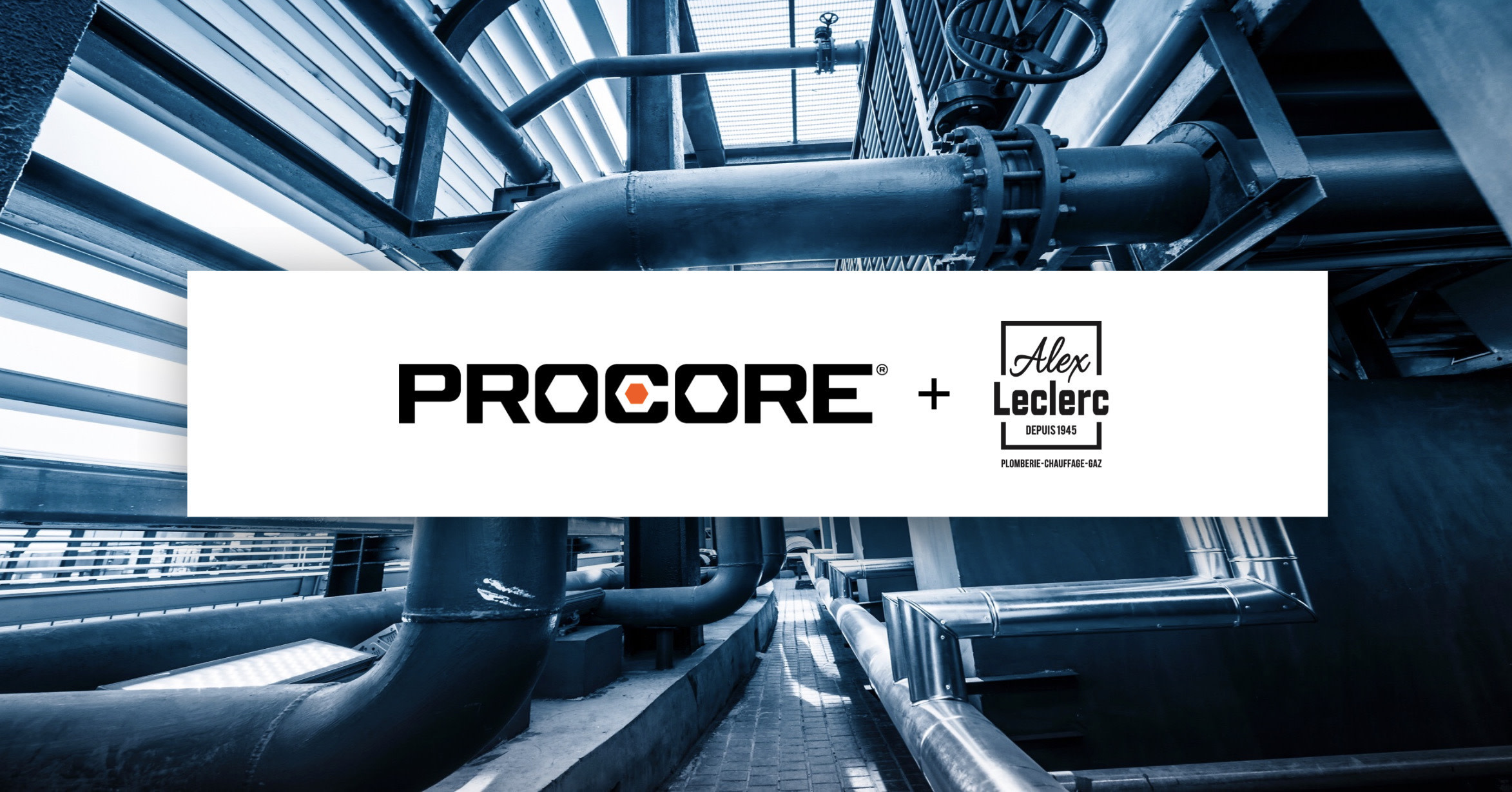 Procore + Alex Lecrerc logo lock up superimposed on an image of pipes