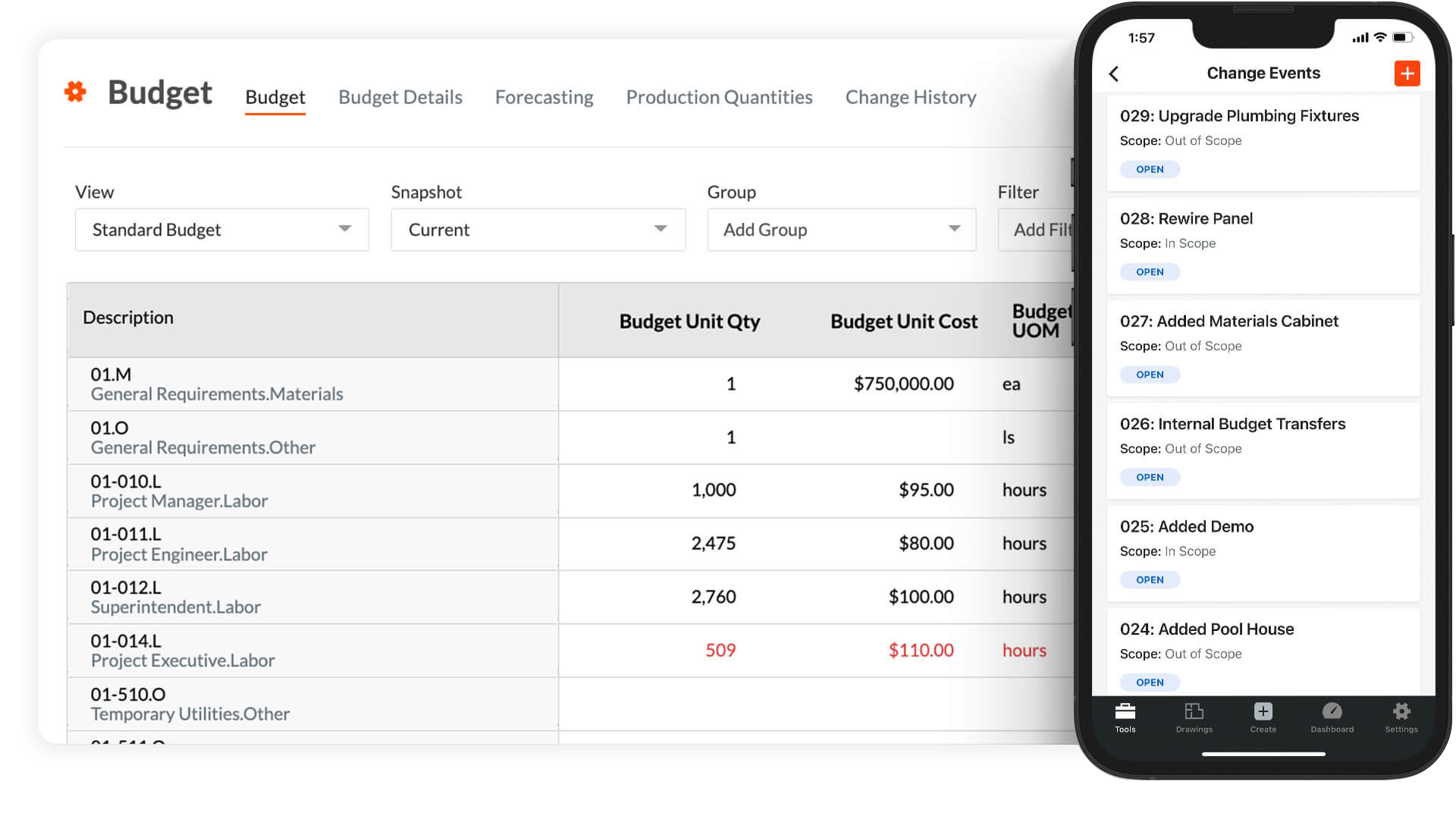 screen capture of Procore's Budget