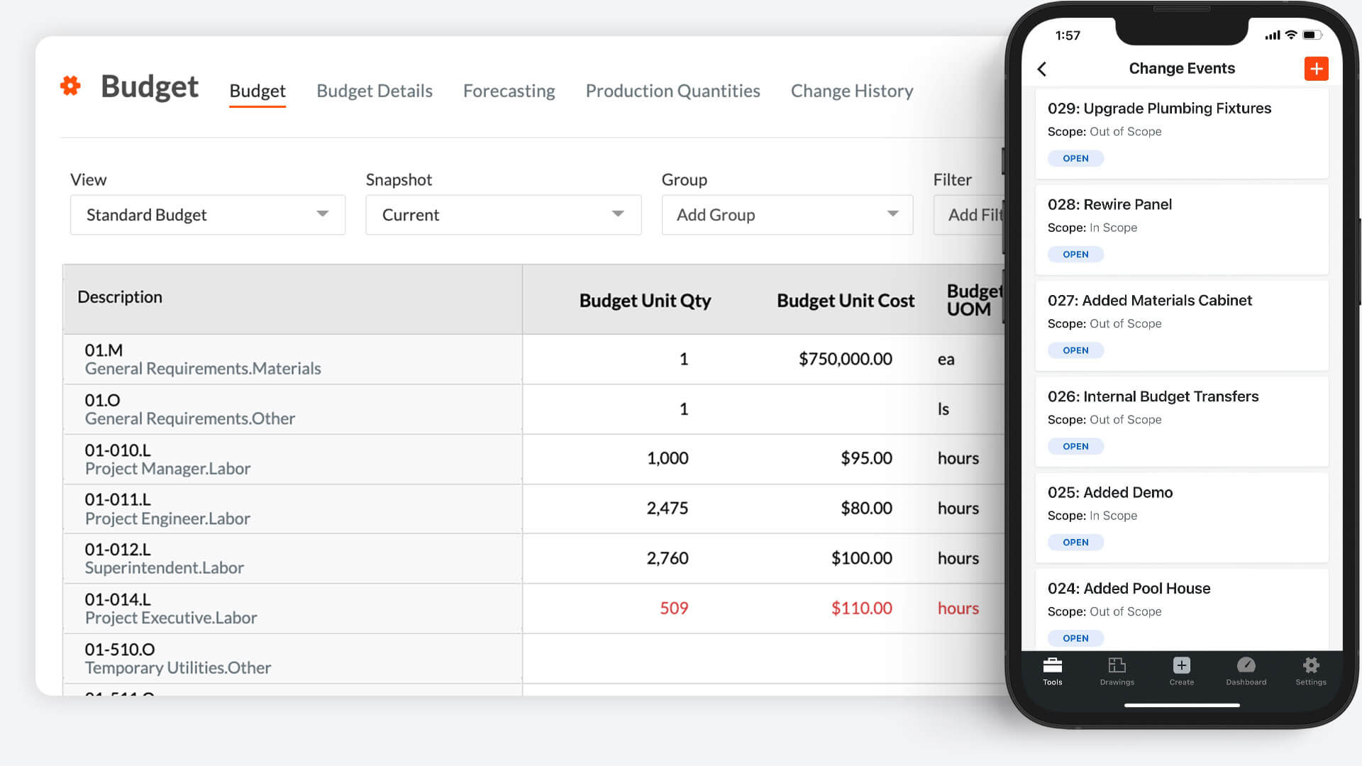 screen capture of Procore's Budget